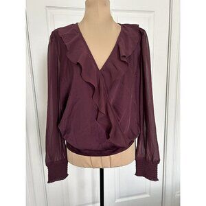 The General Good Purple V-Neck Faux Wrap Long Sheer Sleeve Smocked Top Sz M